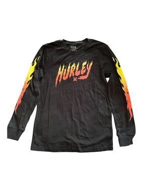 Hurley Black Long Sleeve Tee with Yellow-Orange Flame Graphics